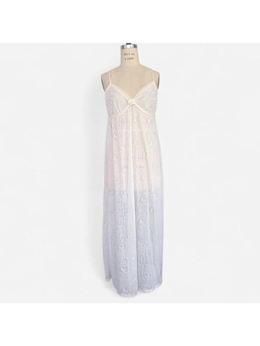 Vintage 90s White Lace Sheer Empire Maxi Slip Nightgown Dress Coquette Fairycore